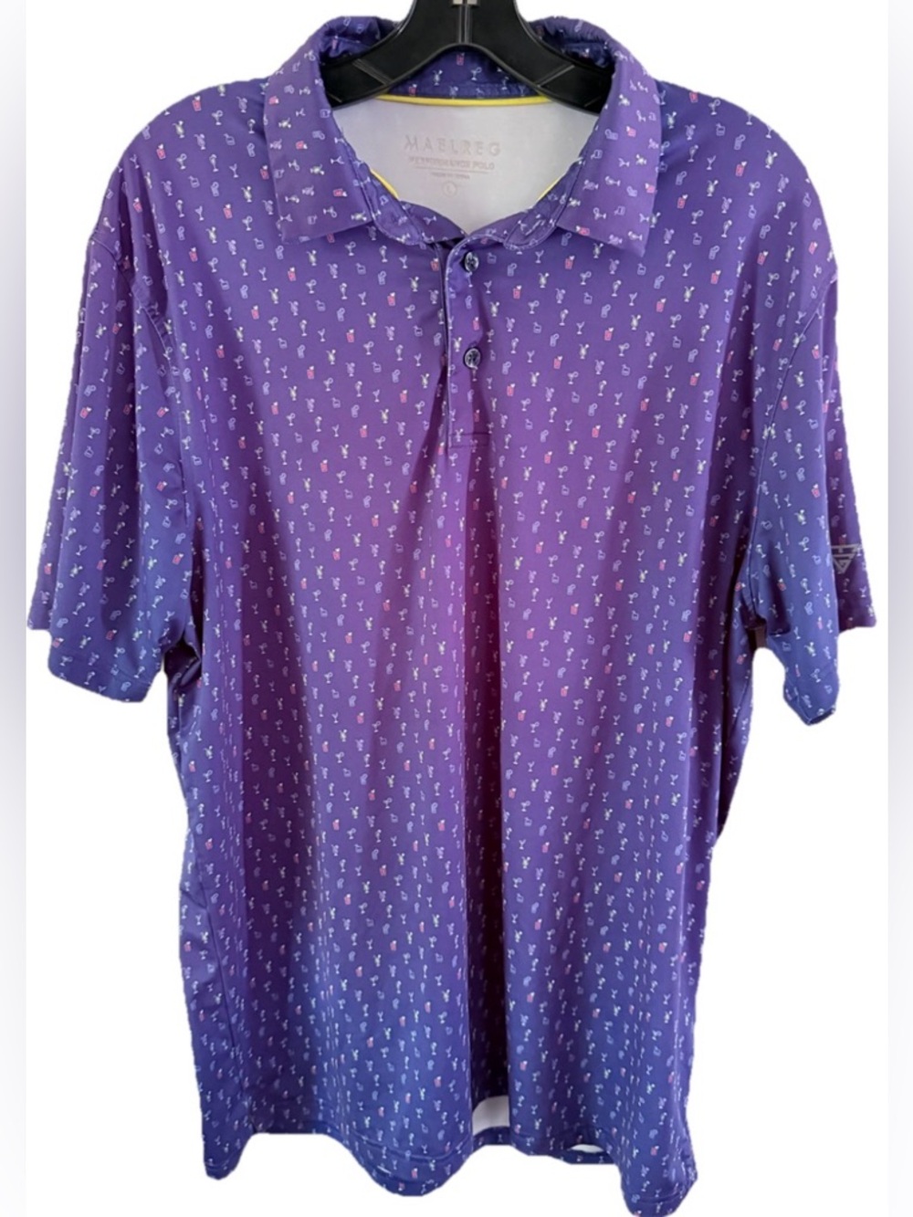 MAELREG‎ Performance Blue Polo Shirt Mens Large Drink Print Short Sleeve